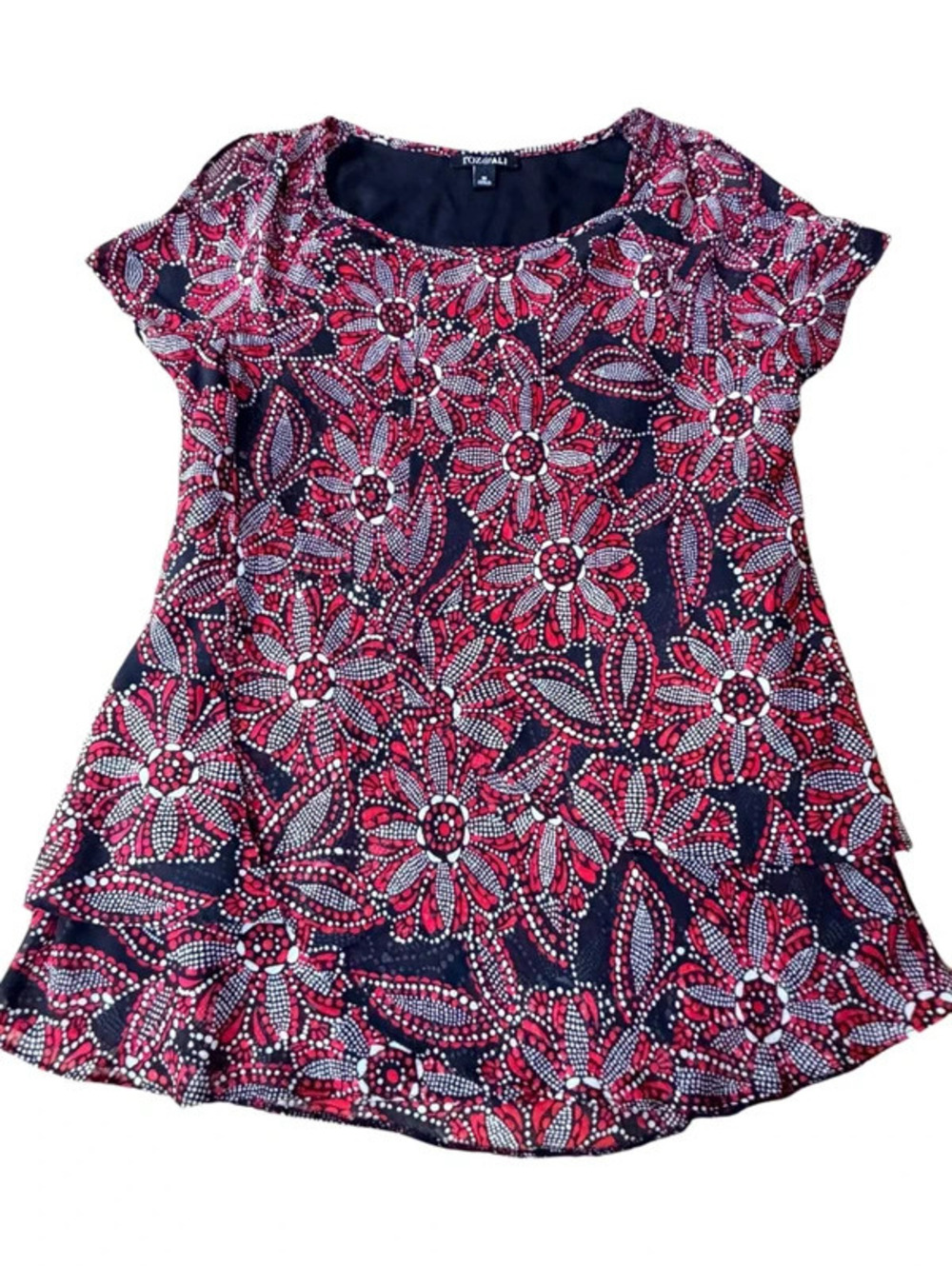 Roz & Ali Floral Blouse Top Size M Red Black White Short Sleeve Tunic 2141